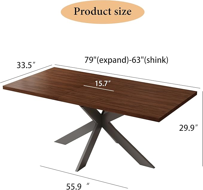 Extendable Dining Table Set for 6–8 People, Modern Walnut Rectangular Dining Table 63"-79" with 6 Leather Chairs, Space-Saving Expandable Kitchen Table Set with Sturdy Metal Frame for Dining Room