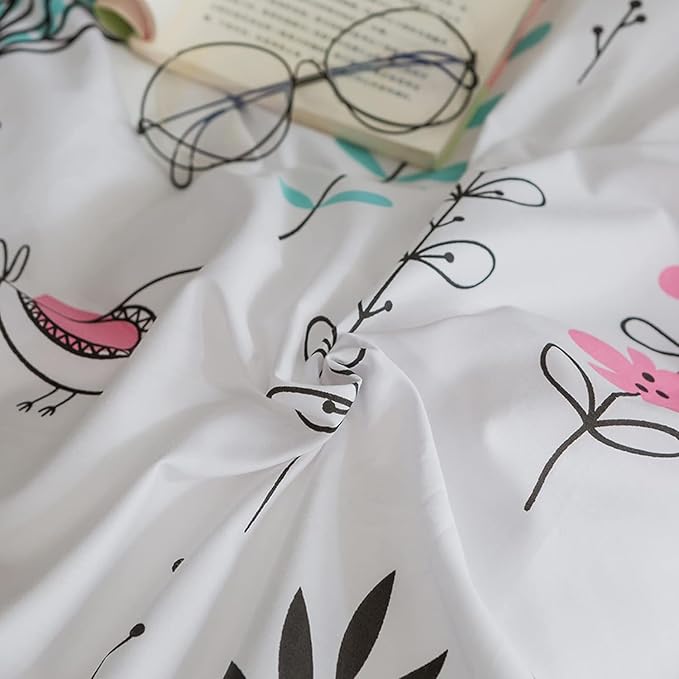 Floral Girls Duvet Cover Twin Boho Floral Bird Print Bedding Sets Garden Style Cotton Comforter Cover Reversible Striped Bedding Sets Kids Teens Bedroom Comforter Cover Aesthetic Duvet Cover Set