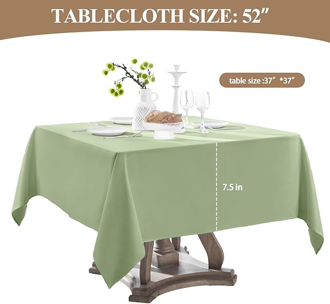 Square Tablecloth 52 x 52 Inch Sage Green Tablecloths Stain-Wrinkle Resistant Washable Polyester Table Cloths for Holiday, Buffet Parties, and Weddinge 6pack