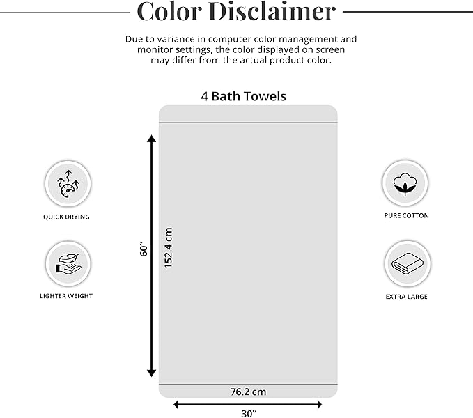 Tens Towels Pack of 4 Extra Large Bath Towels 30 x 60 Inches, 100% Cotton, Larger & Lighter Weight, Quicker to Dry, Super Soft and Absorbent, Perfect for Bathroom, Cool Grey