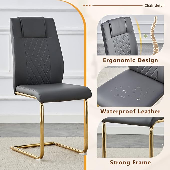 63'' Glass Dining Table Set for 4, Kitchen Table Chairs Set of 4, Clear Glass Dining Table with Black unique design Leg and Gold Metal Base, 4 PU Dining Chairs with Metal Legs, Living Room, Kitchen.
