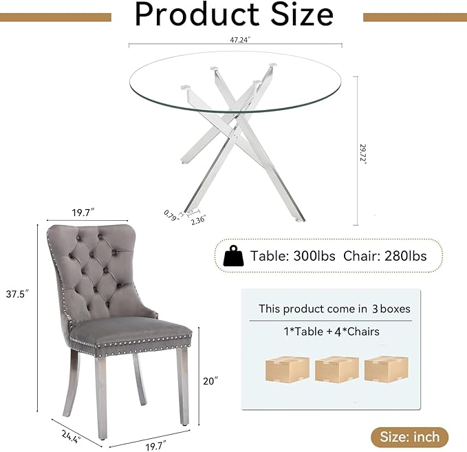 Goujxcy Round Dining Table Set for 4, Modern Glass Kitchen Table and Chairs Set of 4, 5-Piece Dining Room Table Set w/47 Circle Silver Glass Dining Table and 4 Upholstered Velvet Chairs