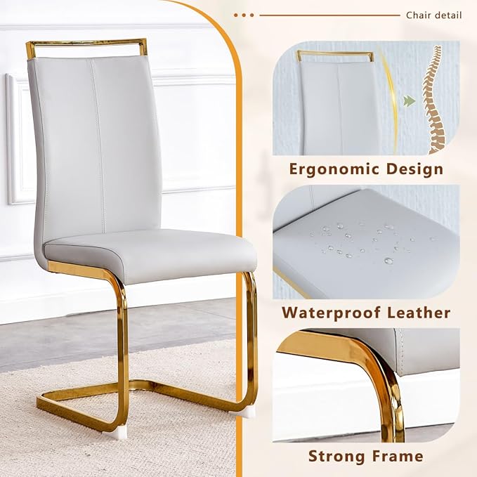 63'' Glass Dining Table Set for 4, Kitchen Table Chairs Set of 4, Clear Glass Dining Table with Black unique design Leg and Gold Metal Base, 4 PU Dining Chairs with Metal Legs, Living Room, Kitchen.