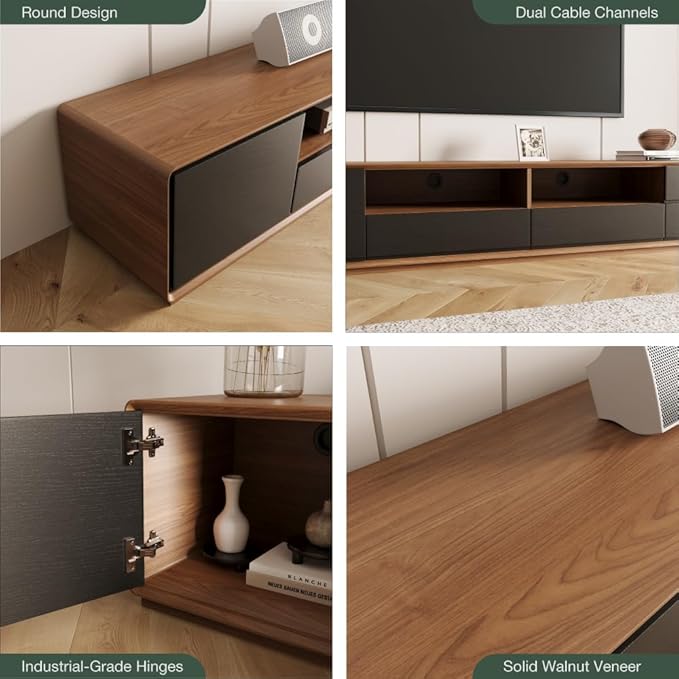 Modern 94" Solid Wood TV Stand, Lowline Media Console with 4 Drawers, Open Storage Cabinet, Walnut Veneer, Fully-Assembled (TV Stand Only)