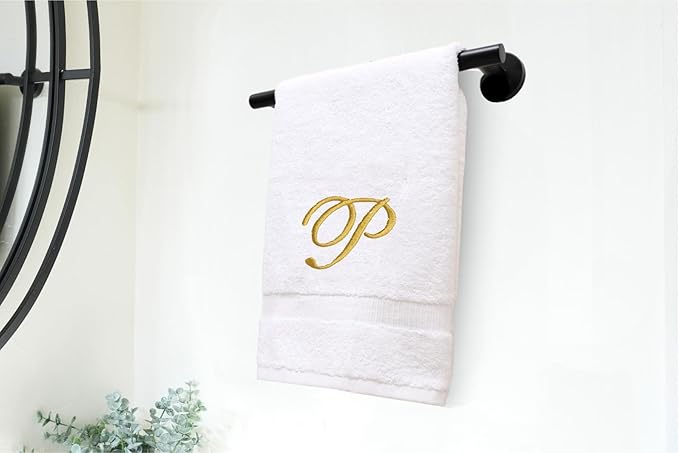 White Monogrammed Hand Towels for Bathroom - Luxury Hotel Quality Personalized Initial Embroidered Towel for Powder Room, Spa - GOTS Organic Certified - Pack of 2 Gold, Letter P
