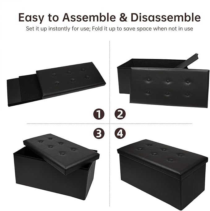 30 Inches Folding Storage Ottoman Bench, Faux Leather Footstool Ottoman, Storage Trunk Footrest for Bedroom, Living Room and Hallway, Support 350lbs, Black(Black line)
