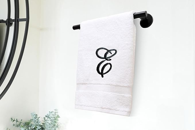 White Monogrammed Hand Towels for Bathroom - Luxury Hotel Quality Personalized Initial Embroidered Towel for Powder Room, Spa - GOTS Organic Certified - Set of 2 Black Letter E