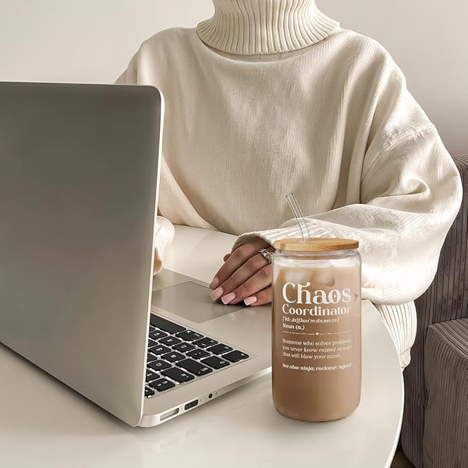 Chaos Coordinator 16oz Can Glass Tumbler with Bamboo Lid & Straw, Iced Coffee Cup for Female Coworker Friends Colleagues, Aesthetic Cups Gifts for Birthday Christmas Farewell Retirement
