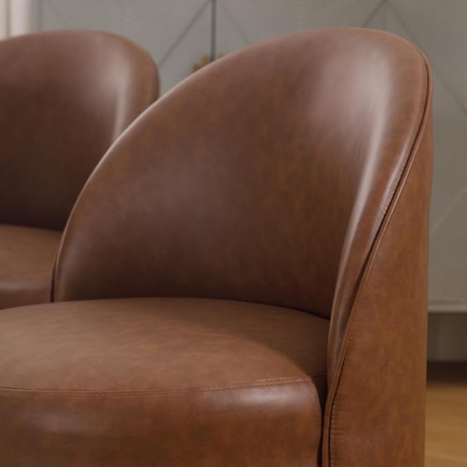 Modern Barrel Dining Chairs Set of 3, Swivel Base Cognac PU Leather Accent Chair 360°Rotating Mid-Century Dining Side Chair Kitchen Chair for Living Room, Bedroom, Home, Office, Kitchen(Brown)