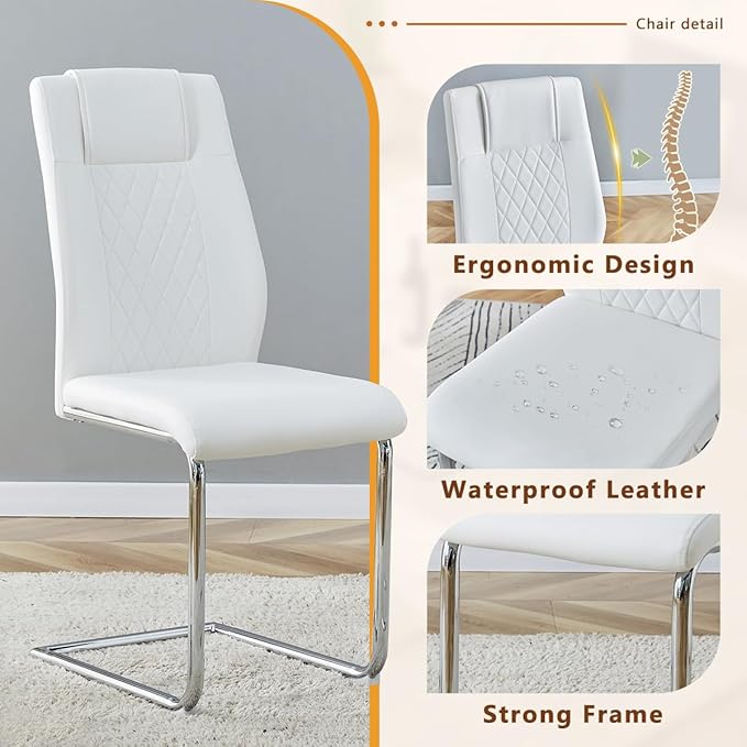 63'' Glass Dining Table Set for 4, Kitchen Table Chairs Set of 4, Clear Glass Dining Table with Black unique design Leg and Silver Metal Base, 4 PU Dining Chairs with Metal Legs, Living Room, Kitchen.