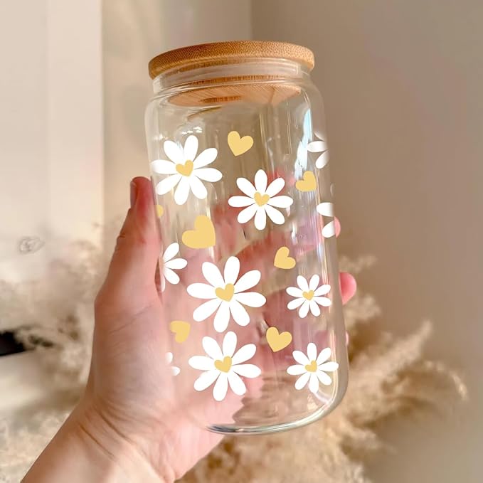 Daisy Aesthetic Glass Cups with Lids and Straws, Floral Iced Coffee Cup, Glass Cup with Colorful Flower, Aesthetic Christmas Iced Coffee Cup, irthday Gifts for Women Coffee Lovers
