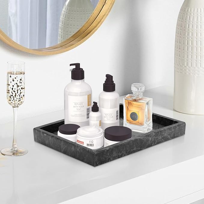 Marble Bathroom Tray,Pure Natural Vanity Tray,Marble Trays for Kitchen Counter Non-Ceramic/Non-Resin,Stone Tray 12 x 8 inch (Black) 