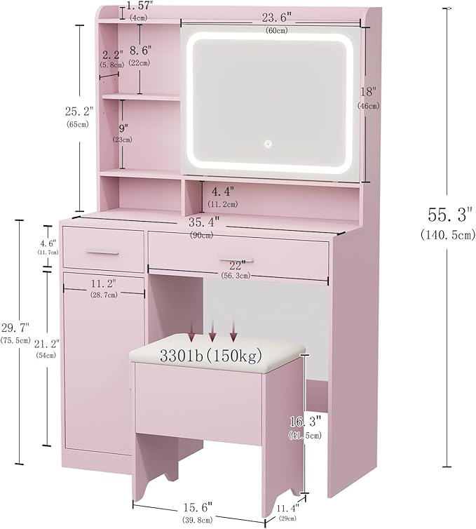 Vanity Desk with Sliding Mirror & Power Outlets - Dimmable LED Lighting, 4 Open Shelves, 2 Drawers, 1Storage Cabinet & Padded Stool - Ideal Bedroom Makeup Dressing Table (Pink)