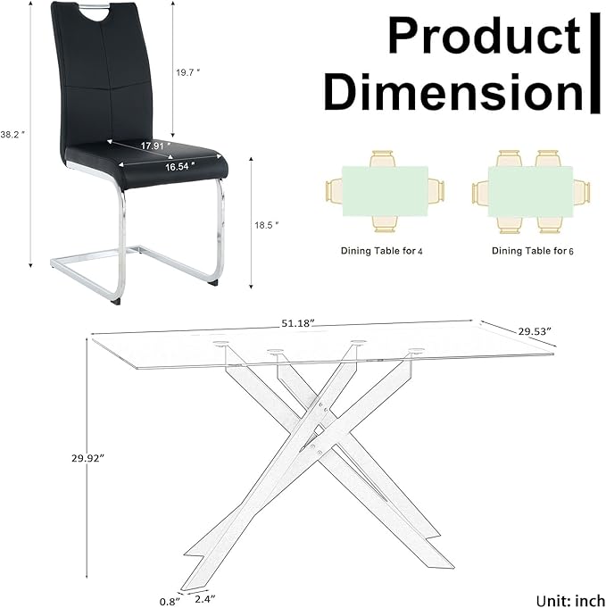 Goujxcy Modern Glass Dining Table Set for 4, Glass Silver Kitchen Table and Chairs Set, 5 Piece Dining Room Table Set with 51" Rectangle Dinner Table and 4 Black Leather Dining Chairs