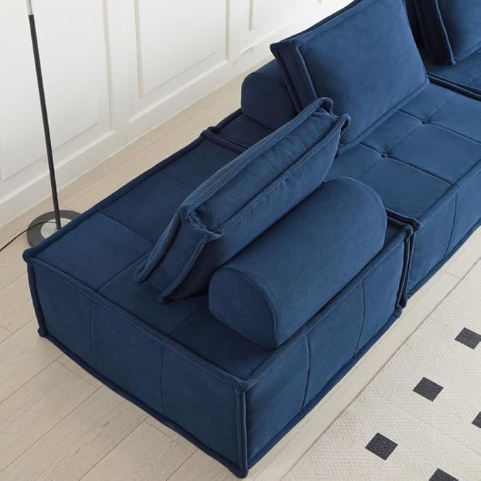 PurrJoys Modular Sectional Sofa, 3-Piece 105" Deep Seat Corduroy Lounge Sofa with Movable Cushions, Modular Couch for Small Spaces, Living Room, Bedroom, Apartment, Office - Blue
