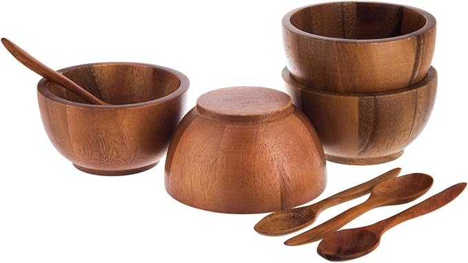 Set of 4 Small Round Acacia Wooden Bowls 4 Inch Diameter With Spoons - Stackable Mixing Bowl for Salad Soup Snack Salsa Dip Sauce Charcuterie Wood Tableware Sets for Decor and Serving