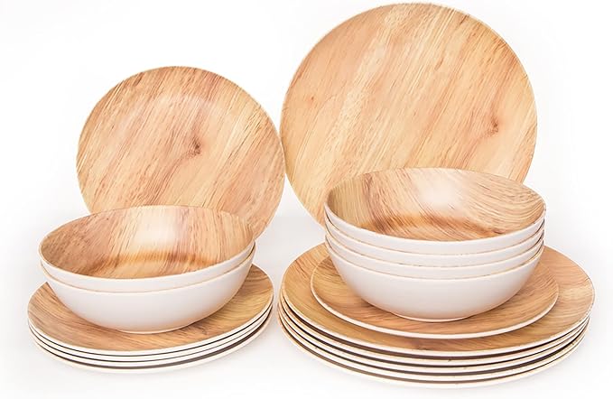 Melamine Dinnerware Set 18Pcs Wood-looking - Dish Dishware Wood Grain Woodland Plastic Outdoor Plates Bowls Durable Service for 6