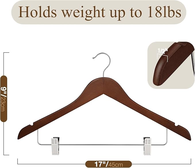 Wooden Pants Hangers 12 Pack With Clips - Adjustable Heavy Duty for Skirts, Jeans, Slacks, Shorts (Walnut)