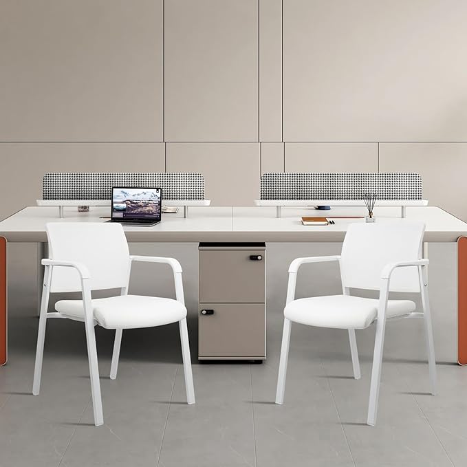 CLATINA Stacking Office Chairs | Mesh Back, Thicken Leather Seat and Streamline Arms, Ergonomic Lumber Support | Guest Reception, Waiting, Conference, School, Party, Customer, Side, Stationary, White