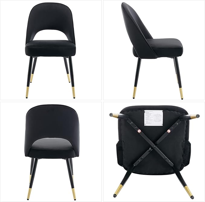 DUOMAY Modern Dining Chair Set of 2 with Open Back, Velvet Upholstered Armless Chair with Metal Frame Side Chair for Kitchen Dining Room Living Room, Black