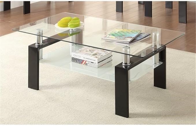 BOWERY HILL Modern 48" Glass Top Contemporary Coffee Table in Black and Chrome