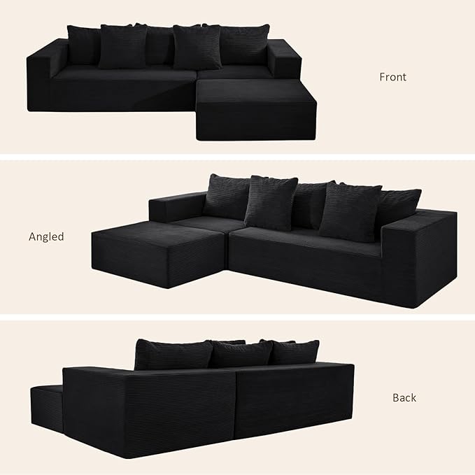 INGEROOM 108" Cloud Sectional Couch with L-Shape Chaise, Modular Sofa Memory Foam, Boneless Sofa with Movable Ottoman, Plush Corduroy Memory Foam Couch for Living Room, No Assembly, Black