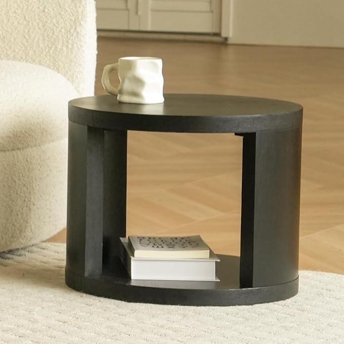 Round Nesting Coffee Table Set of 2, 31.5" Large and 18" Small Low Tables, Modern Wood Grain Tables for Living Room, Black