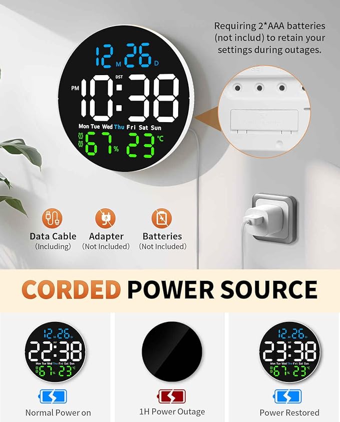 10 Inch Large Digital Wall Clock with 9 Color Changing Remote Control, Date Week Temperature, Auto Brightness Dimmer Clock Night Lights,Blue+Green