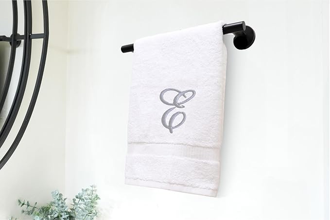 White Monogrammed Hand Towels for Bathroom - Luxury Hotel Quality Personalized Initial Embroidered Towel for Powder Room, Spa - GOTS Organic Certified - Set of 2 Silver Letter E