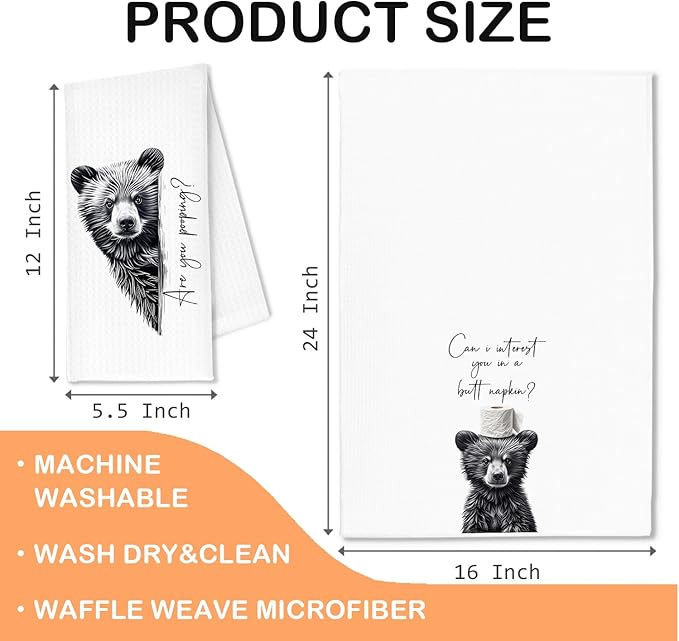 Funny Bear Hand Towels, Bear Bathroom Decor, are You Pooping Humorous Bears Animal Decorative Hand Towels for Bathroom Washroom Restroom Toilet, 16x24 Inch Set of 2