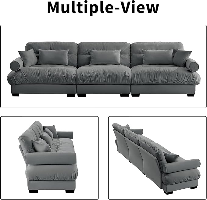 130" Grey Modular Sectional Sofa, 3 Seater Large Sectional Couches for Living Room, Velvet Fabric Oversized Fluffy Cloud Couch with Ottoman, Deep Seat Home Sofas Set, Sofá Moderno