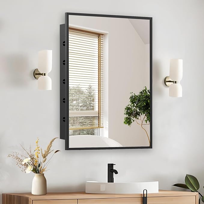 Recessed Medicine Cabinet with Mirror 20x26 inch, Mirrored Medicine Cabinets for Bathroom, Black Bathroom Mirror with Storage, Metal Medicine Cabinet with Mirror, 2 Adjustable Metal Shelves
