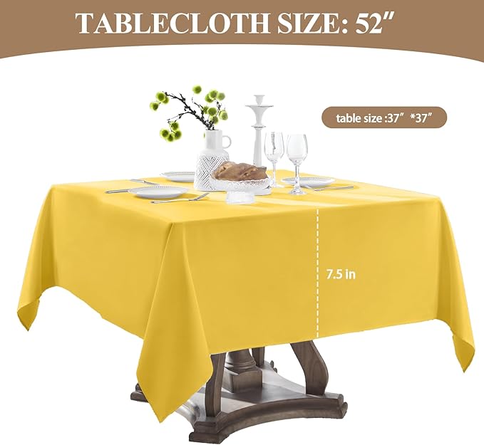 Square Tablecloth 52 x 52 Inch Yellow Tablecloths Stain-Wrinkle Resistant Washable Polyester Table Cloths for Holiday, Buffet Parties, and Weddinge 6pack