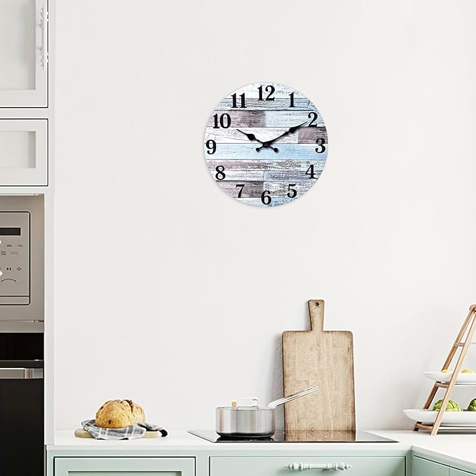 XNM Blue Wood Wall Clocks for Living Room Decor Farmhouse Wall Clocks Battery Operated 12 Inch Analog Rustic Wall Clock Silent (MDF No Solid Wood)