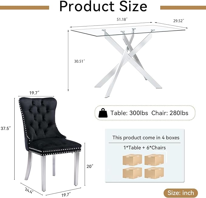Goujxcy Glass Dining Table Set for 6, Modern Kitchen Table and Chairs Set of 6, 7-Piece Kitchen Dining Room Table Set w/51 Glass Metal Dining Table and 6 Black Velvet Upholstered Chairs