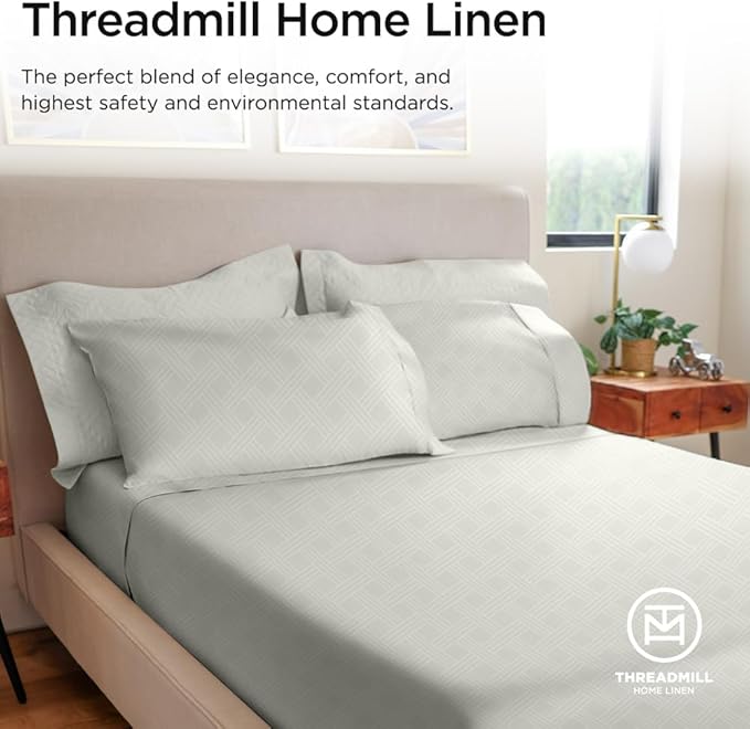 Threadmill California King Size Sheets | 800 Thread Count Jacquard Celine Light Grey | 4 Piece Striped Bed Sheets | Extra Long Staple Cotton Sheet | Luxury Damask Sheets with Elasticized Deep Pocket