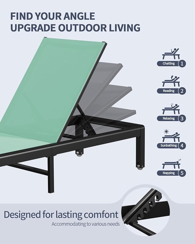 Aluminum Lounge Chairs Outdoor Chaise Furniture,2 Sets Patio Metal Deck Lounger Adjustable 5-Position Poolside Chase Recliner with Wheels for Beach,Coffee Table, (Green, 2 Chair+Table)