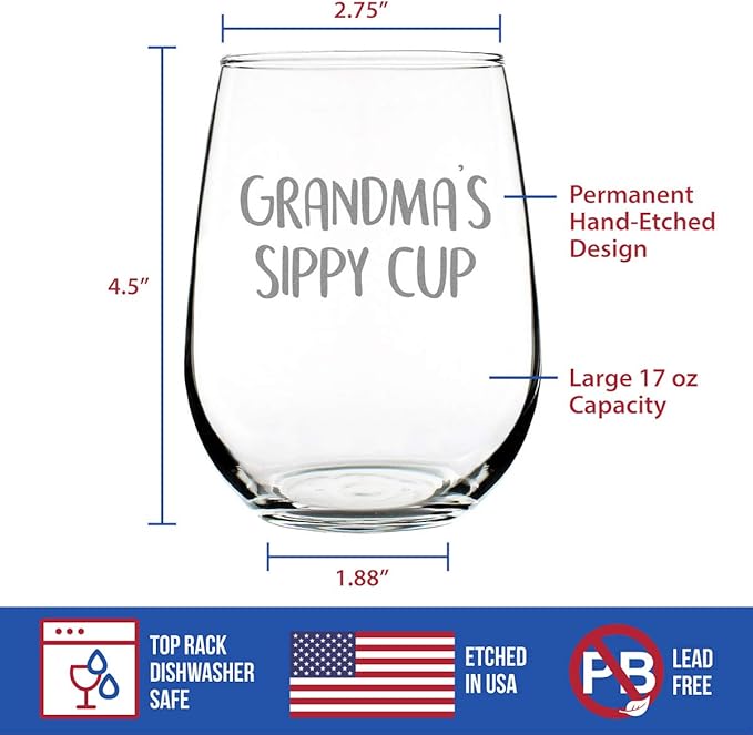 Bevvee Grandma's Sippy Cup - Stemless Wine Glass Gift for Grandmothers - Cute Birthday Glasses - Large 17 Oz