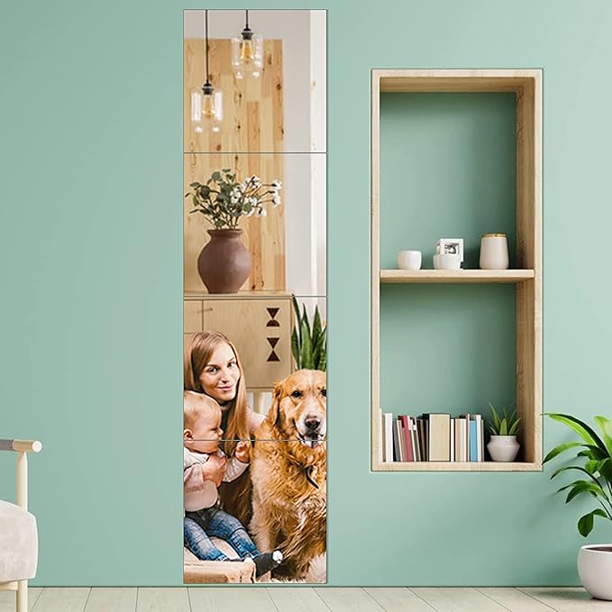 Full Length Wall Mirror Tiles, 8"x 8" x 4 Pcs Acrylic Mirror Wall-Mounted, Shatterproof Non Glass Safety Mirrors Great for Baby Kids Playroom