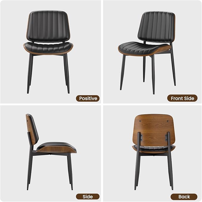 Dining Chairs Set of 8, FSC Certified Mid Century Modern Dining Room Kitchen Chairs, Upholstered PU Leather Vertical Stripe Chairs for Vanity with Walnut Bentwood and Metal Legs, Black