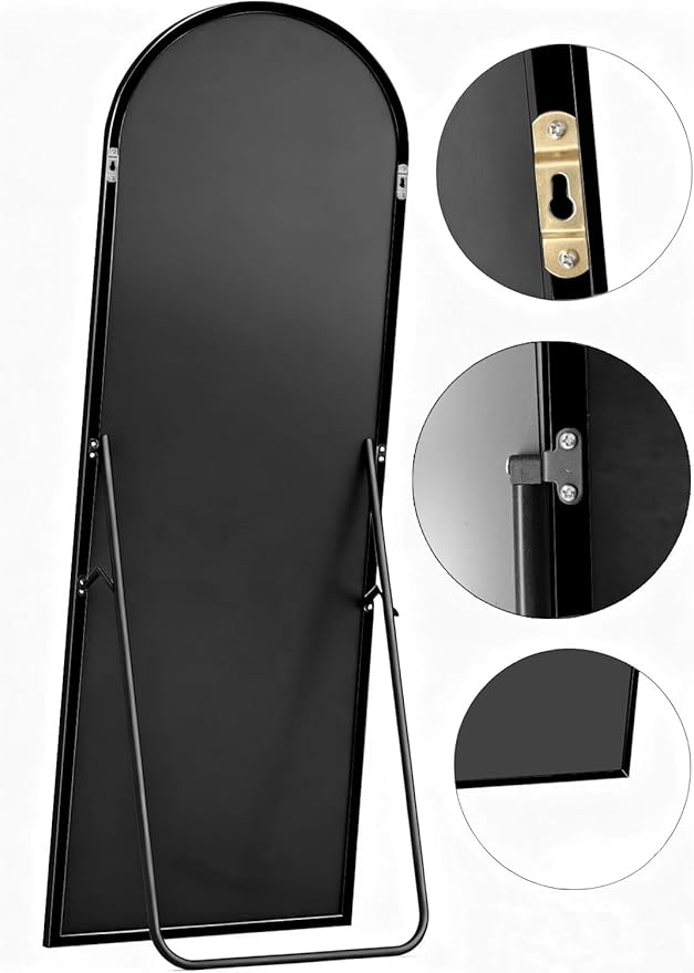 Arched Full Length Mirror,64" L x 20" W Floor Mirror, Aluminum Alloy Frame, Shatterproof Glass - Free Standing, Leaning or Wall Mounted for Bedroom, Living Room, Entryway, Modern Home (Black)