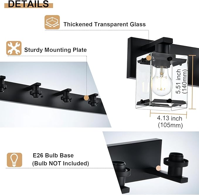 3-Light Black Bathroom Light Fixture Over Mirror, Vanity Wall Lighting with Rectangular Clear Glass, E26 Bulb Base