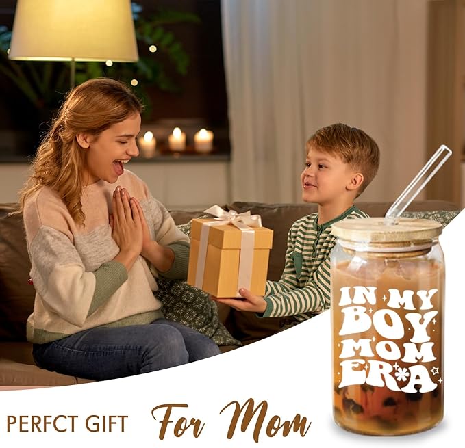 In My Boy Mom Era Cup - 16oz Glass Cup with Lid and Straw, Gift for Moms, Pregnant Moms, Drinking Cup for Christmas and Mother's Day