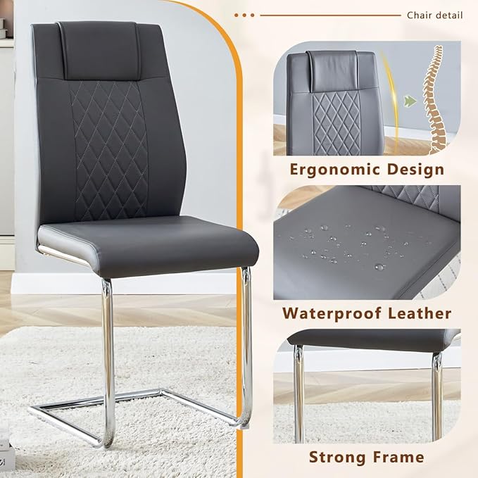 63'' Glass Dining Table Set for 4, Kitchen Table Chairs Set of 4, Clear Glass Dining Table with Black unique design Leg and Silver Metal Base, 4 PU Dining Chairs with Metal Legs, Living Room, Kitchen.
