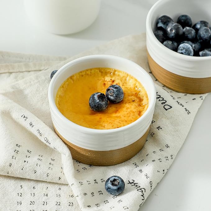 Ramekins 4 OZ Oven Safe,Set of 6 Ceramic Creme Brulee Ramekins,Mini Dessert Bowls for Souffle,Dipping Sauce,Ice Cream,Pudding and Charcuterie,Microwave & Oven Safe,Patchwork White
