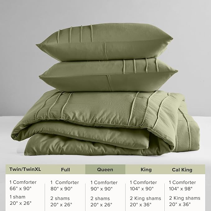 Comfort Spaces Olive Green Queen Size Comforter Set - 3 Piece Pintuck Pleated Bedding Set, All Season Lightweight, Extra Softness Pre-Washed Microfiber Bed Set, Shams