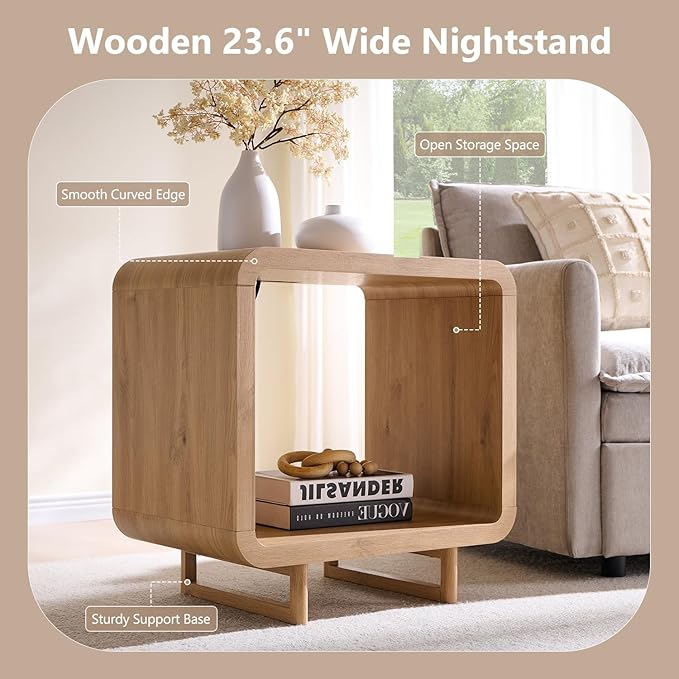 23.6" Modern End Table Set of 2, 2 Tier Side Table with Charging Station, Simple Bedside Table with Open Storage Shelf, Outlet, Wooden Nightstand for Bedroom, Living Room, Study, Natural Oak
