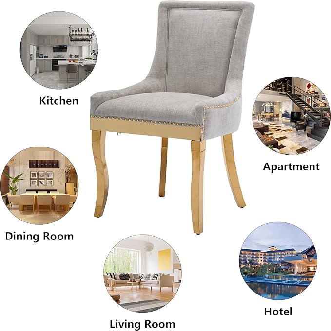 Luxury Fabirc Upholstered Dining Chairs Set of 6,Neutral Chenille Kitchen Room Chair with Nailhead Trim,6 Piece Modern Side Chairs for Dining Room,Living Room,Bar (Beige-Gold, Set of 6)