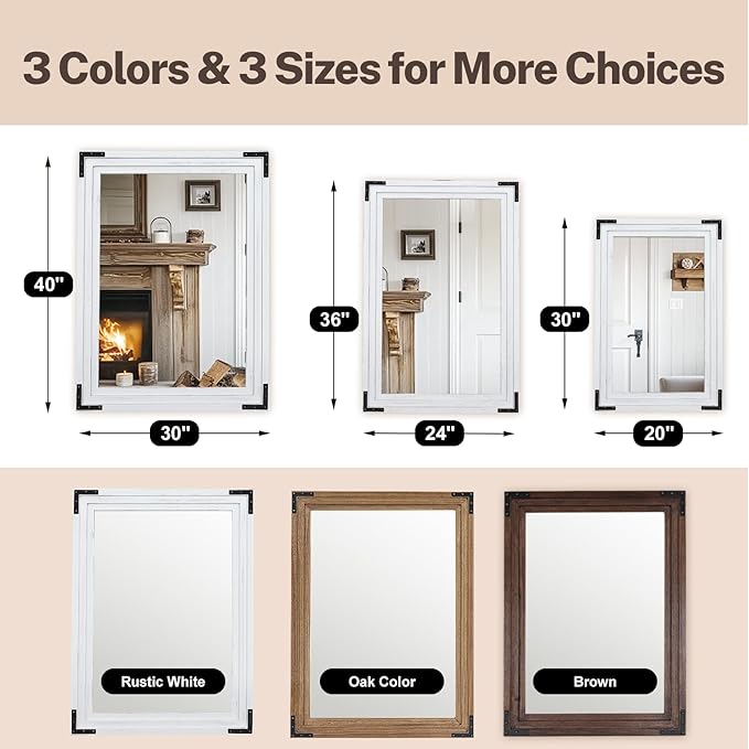 Full Length Mirror 40"x30" Solid Wood Frame Floor Standing Mirror, Hanging or Leaning Wall-Mounted for Living Room, Bedroom, Rustic White
