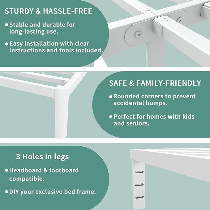 ITIMIDI 16 Inch Full White Bed Frames No Box Spring Needed, Metal Platform Bed Frame Full Size, Heavy Duty Steel Support 3500 LBS, Storage Space, Round Corner Legs, Noise Free, Easy Assembly